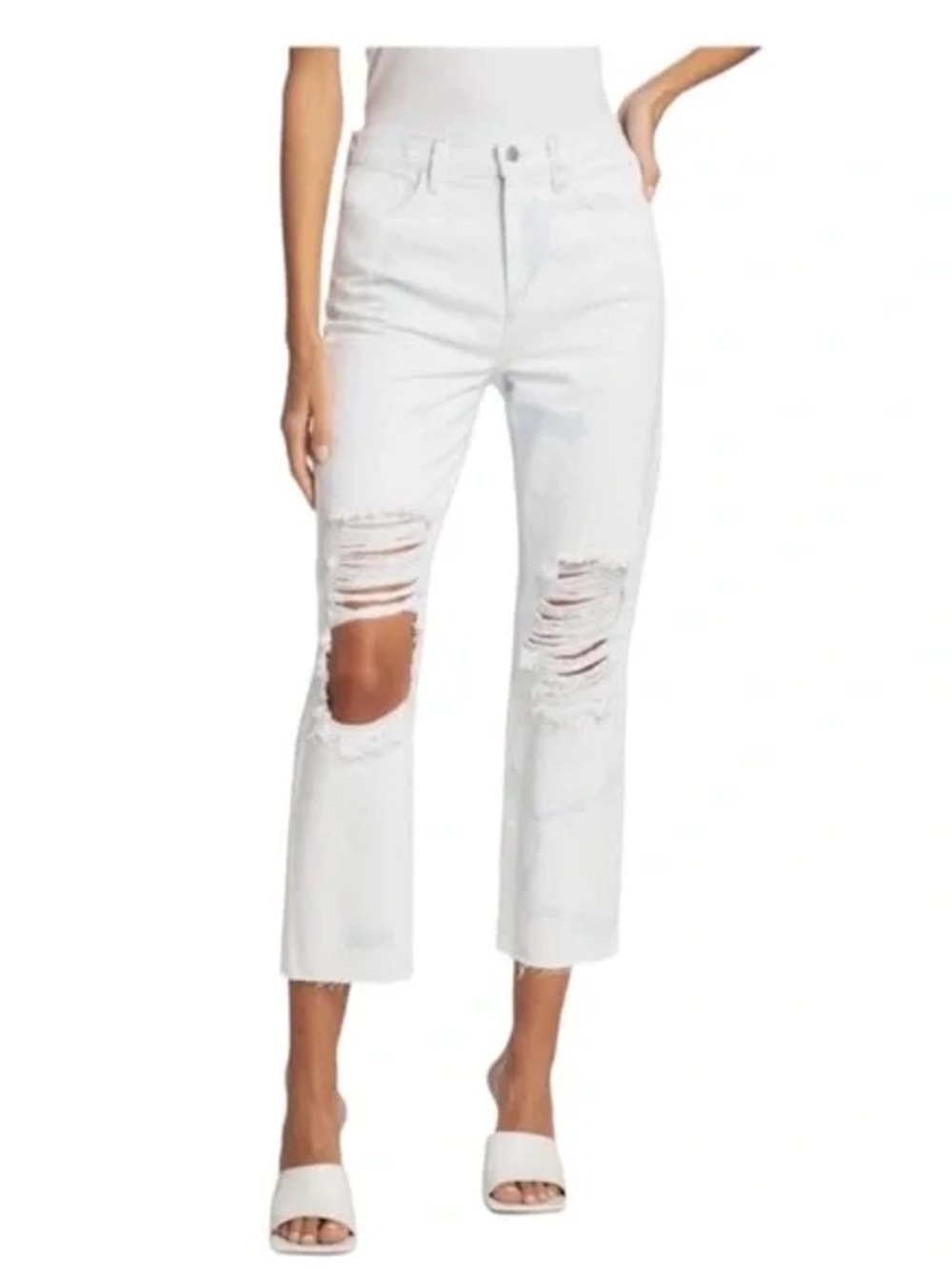 L'AGENCE 4 White High Rise Distressed Straight Ankle Crop Jeans Designer Denim